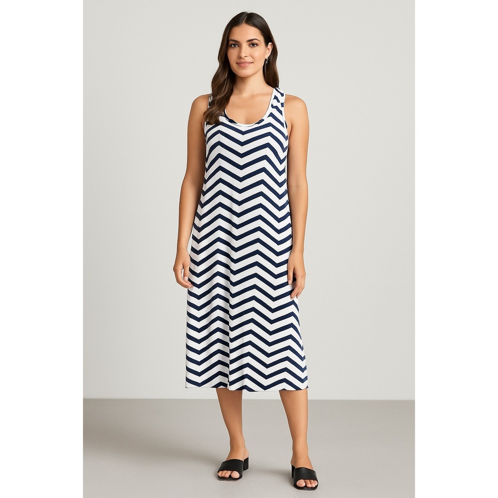 Yala Womens‎ Chevron Tank Dress Navy White Size M Sleeveless Midi Casual